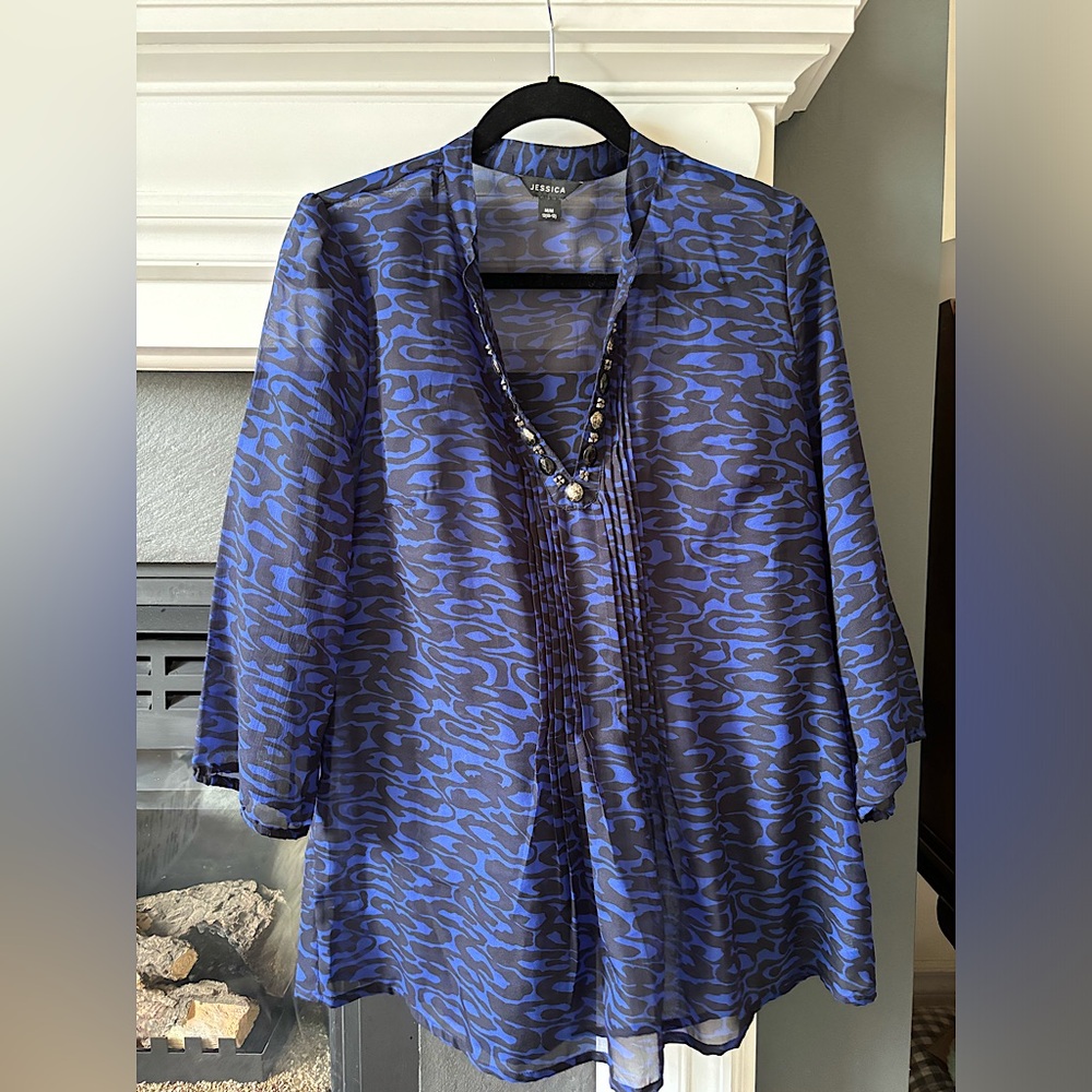 Vintage Jessica Blue and Black Abstract Embellished Sheer 3/4 Sleeve Blouse